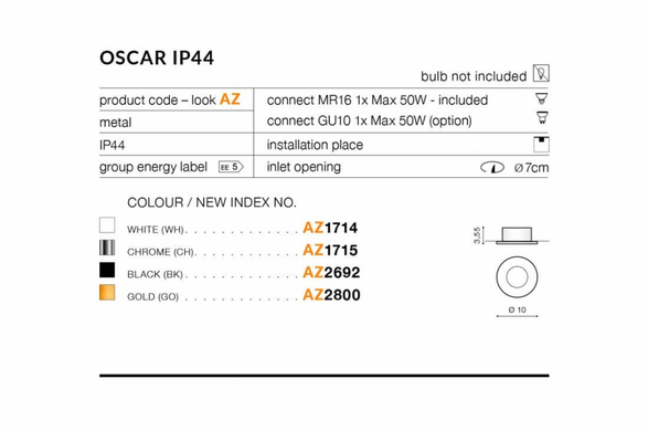 Точковий світильник AZzardo OSCAR IP44 AZ2692
