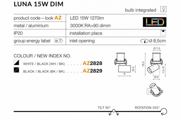 Точковий світильник AZzardo LUNA 15W DIMM AZ2828