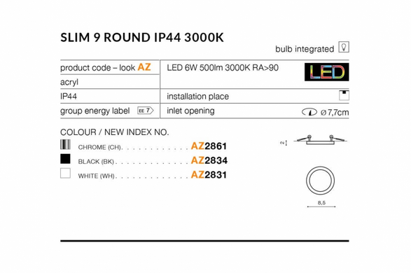 Точечный светильник AZzardo SLIM 9 ROUND IP44 3000K AZ2831