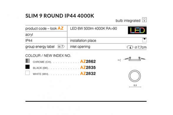 Точковий світильник AZzardo SLIM 9 ROUND IP44 4000K AZ2832