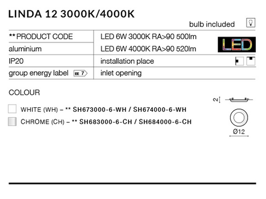 Точковий світильник AZzardo LINDA 12 AZ2236 (SH673000-6-WH)