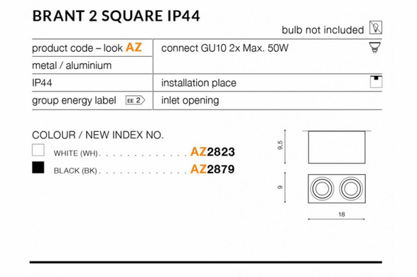 Точечный светильник AZzardo BRANT 2 SQUARE IP44 AZ2879